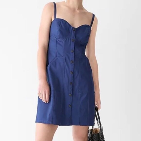 J. Crew Navy Button Down Sweetheart Twill Bustier Sleeveless Dress SIZE 8 - Picture 1 of 8